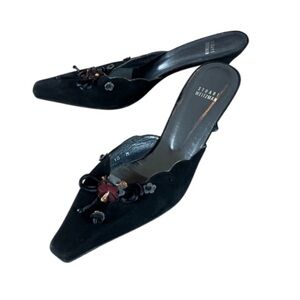 Stuart Weitzman Black Mules with Floral Accents kitten heels